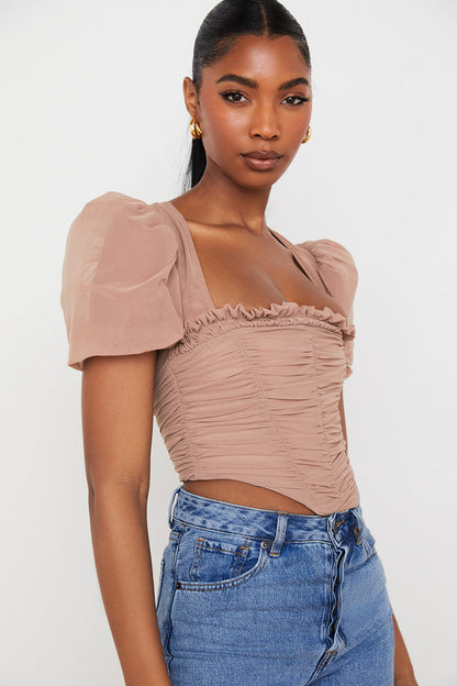 Mina | Dames Korset – Pofmouwen, Geplooid Design, Elegante Vierkante Halslijn