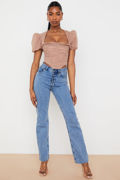 Mina | Dames Korset – Pofmouwen, Geplooid Design, Elegante Vierkante Halslijn