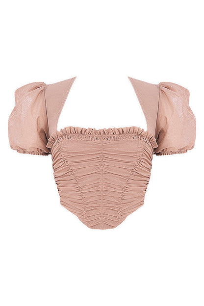 Mina | Dames Korset – Pofmouwen, Geplooid Design, Elegante Vierkante Halslijn