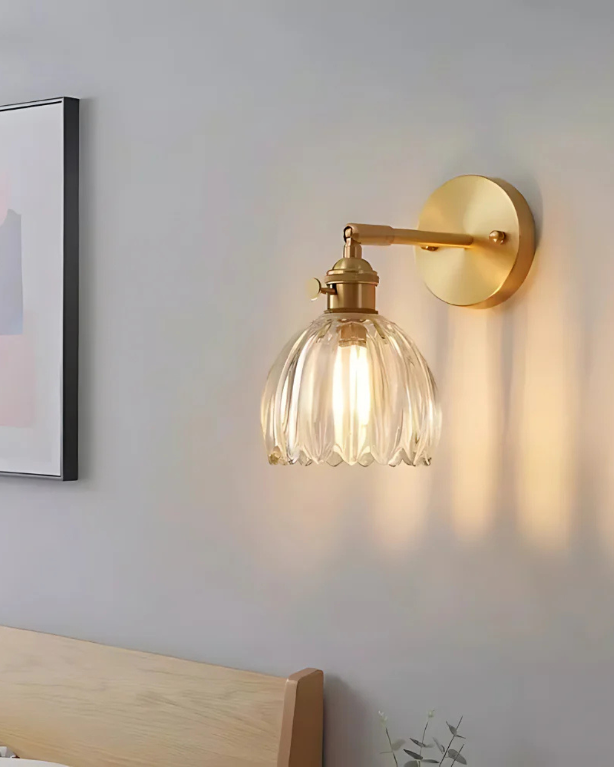 Elegant Wall Sconce Lighting with Glass Shade – Vintage Brass Flower Design 7