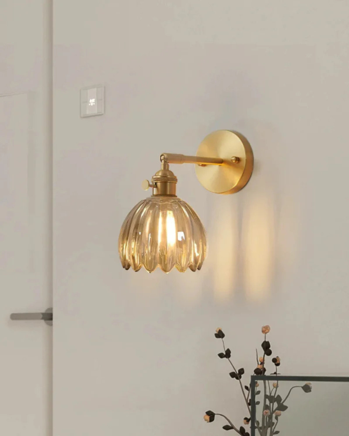 Elegant Wall Sconce Lighting with Glass Shade – Vintage Brass Flower Design 8