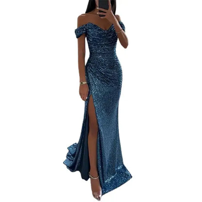 Dames Off-Shoulder Maxi Galajurk – Pailletten, Elegante Avondkleding voor Feestelijke Gelegenheden