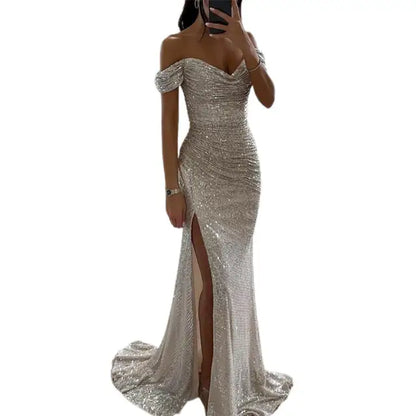 Dames Off-Shoulder Maxi Galajurk – Pailletten, Elegante Avondkleding voor Feestelijke Gelegenheden