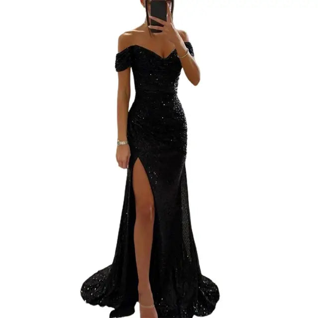 Dames Off-Shoulder Maxi Galajurk – Pailletten, Elegante Avondkleding voor Feestelijke Gelegenheden