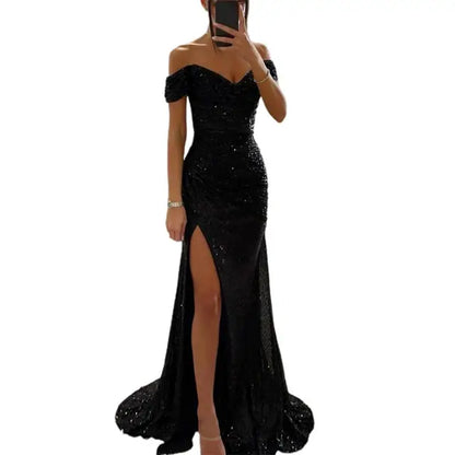 Dames Off-Shoulder Maxi Galajurk – Pailletten, Elegante Avondkleding voor Feestelijke Gelegenheden