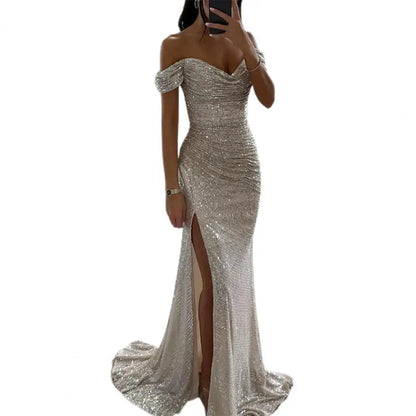 Dames Off-Shoulder Maxi Galajurk – Pailletten, Elegante Avondkleding voor Feestelijke Gelegenheden