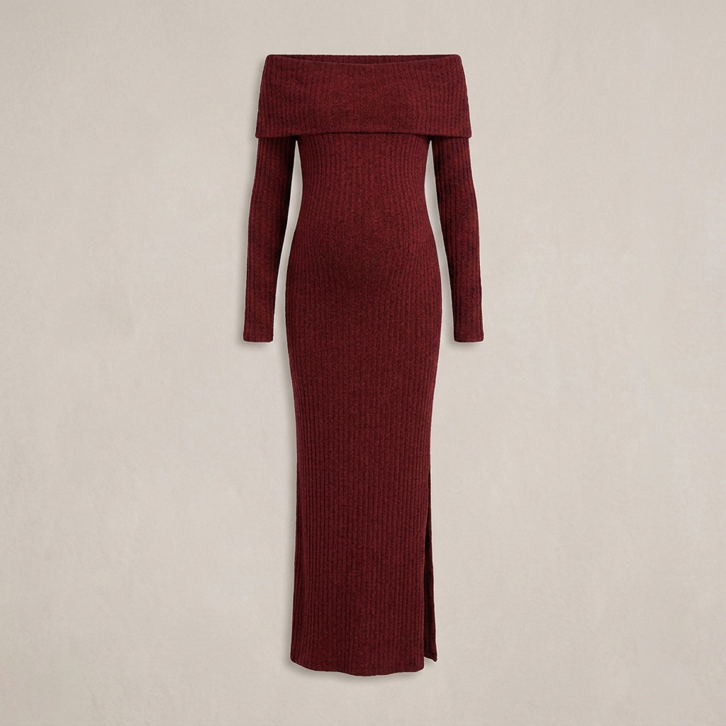 Maternity Maxi Dress Off-the-Shoulder Burgundy Ribbed Knit