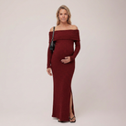 Maternity Maxi Dress Off-the-Shoulder Burgundy Ribbed Knit
