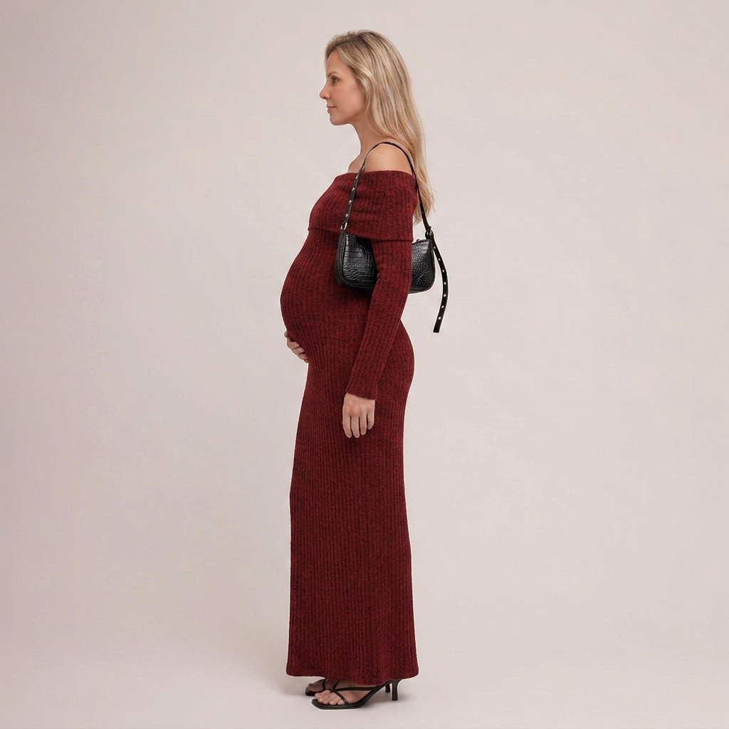 Maternity Maxi Dress Off-the-Shoulder Burgundy Ribbed Knit