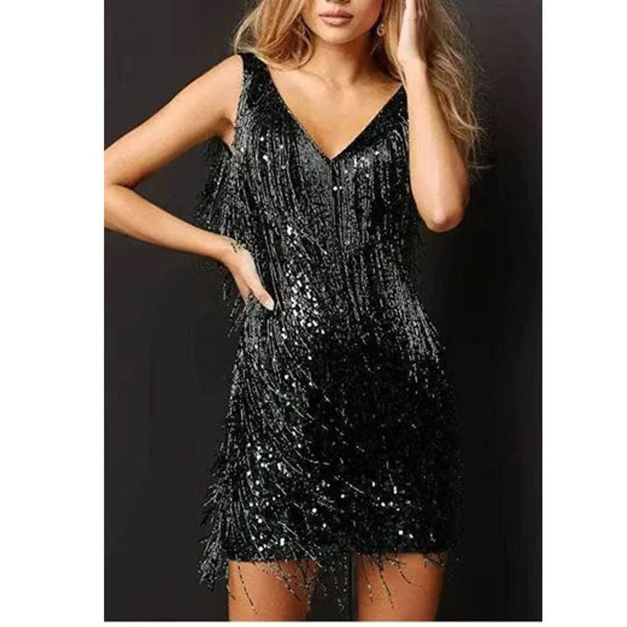 Women's Wedding Guest Dress Fringe Mini with V-Neck