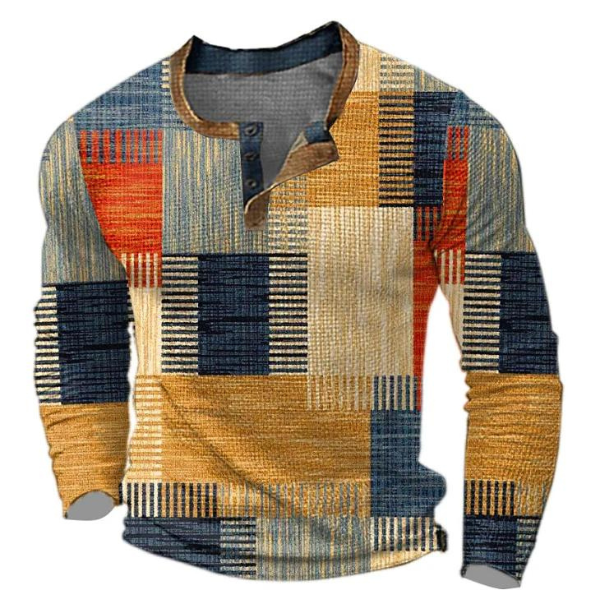 Men's Sweater Colour Block Print Long Sleeve with Button Placket