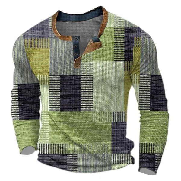 Men's Sweater Colour Block Print Long Sleeve with Button Placket