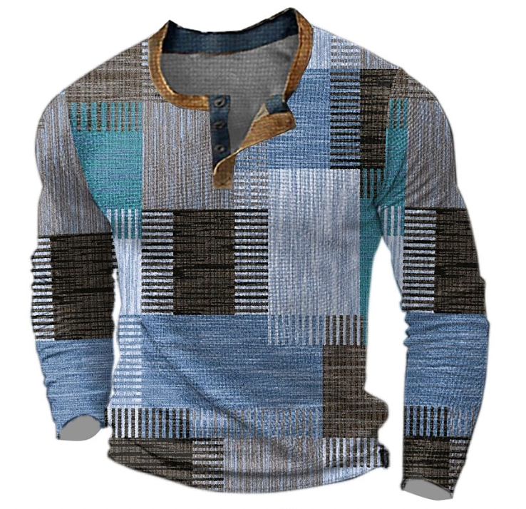 Men's Sweater Colour Block Print Long Sleeve with Button Placket