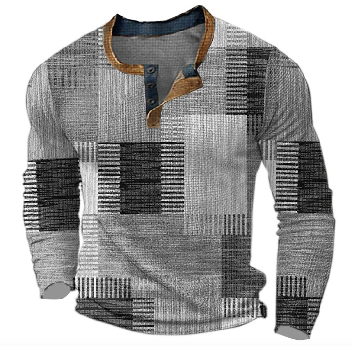 Men's Sweater Colour Block Print Long Sleeve with Button Placket