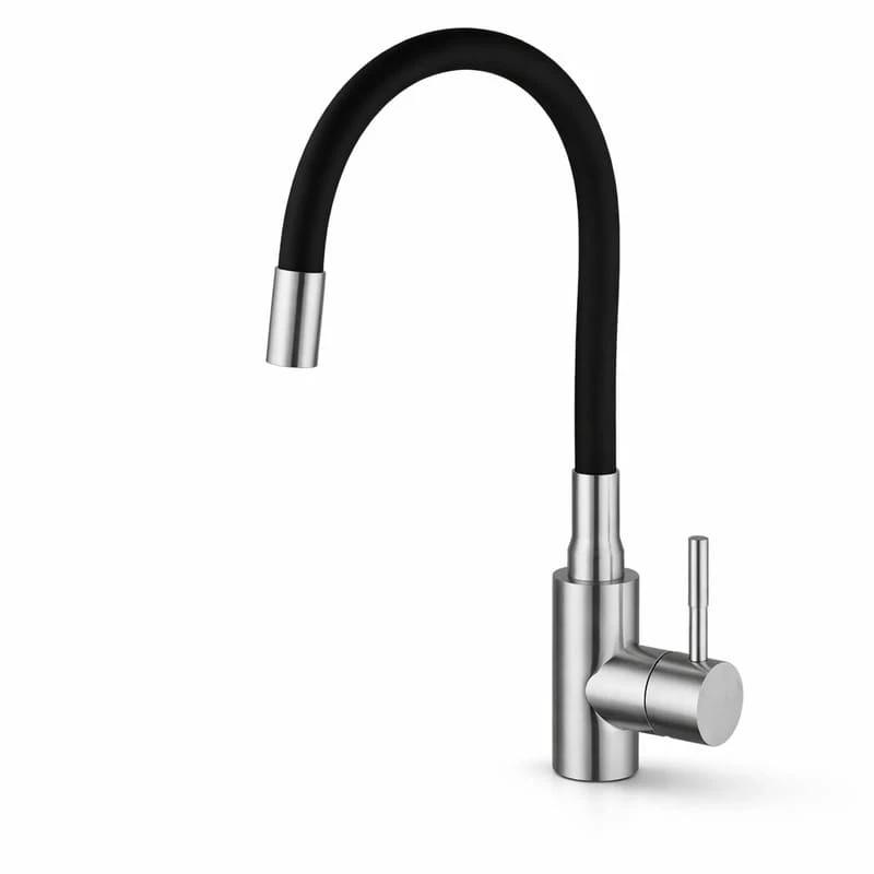 Flexible Kitchen Tap – Bendable Hose Faucet with Hot & Cold Water, black hose and stainless steel body, for kitchen use.