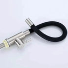 A stainless steel faucet aerator or shower spray attachment with a black flexible hose, shown on a clean white background.
