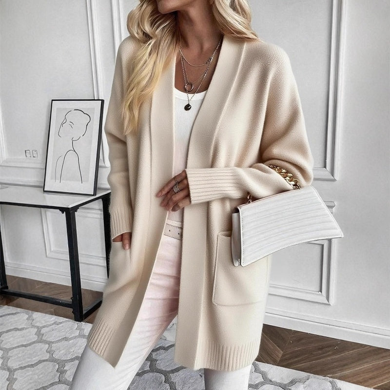 Women's Longline Cardigan with Pockets - Ribbed Cuffs Knit