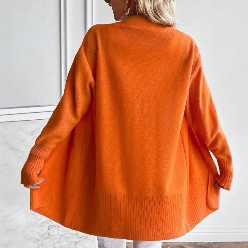 Women's Longline Cardigan with Pockets - Ribbed Cuffs Knit