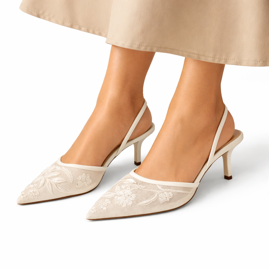 Women's Embroidered Mesh Mule Heels with Floral Detail