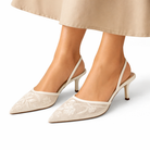 Women's Embroidered Mesh Mule Heels with Floral Detail