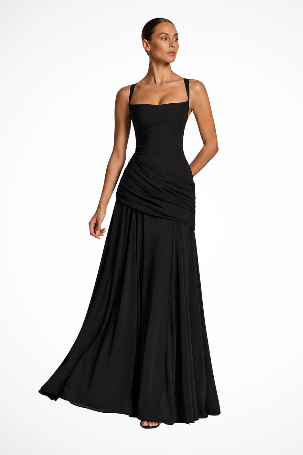 Wedding Guest Dress Square Neck Ruched Maxi Dress with Side Slit