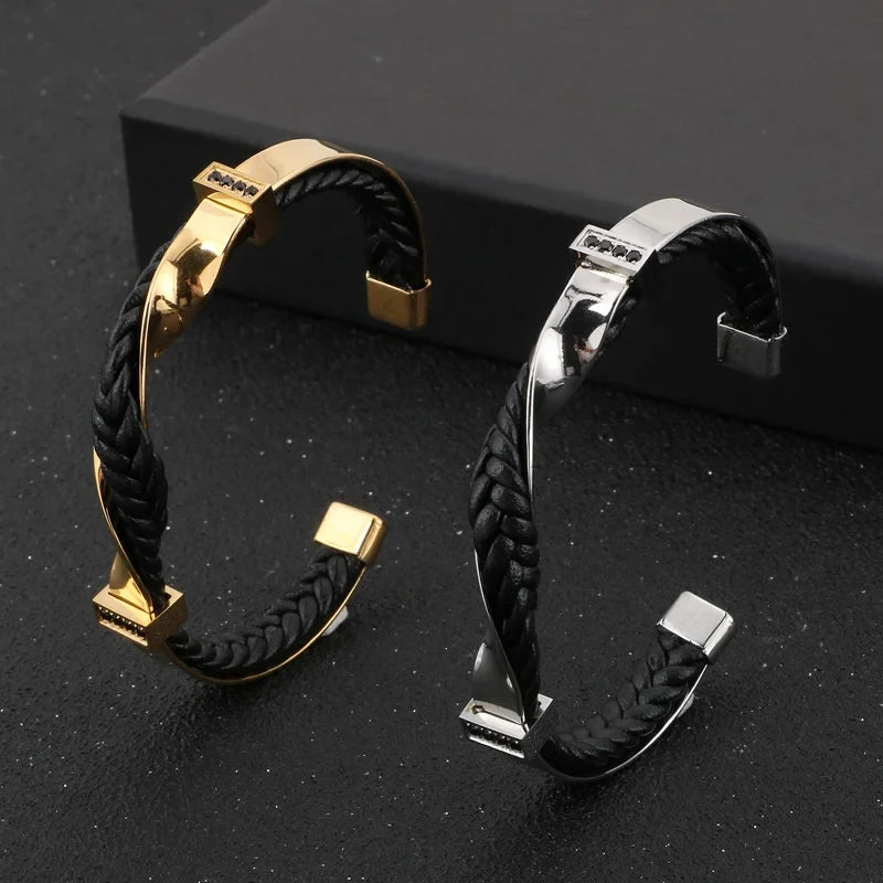 Leather Cuff Bracelet - Braided Stainless Steel Wristband
