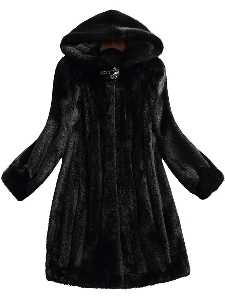 Women's Faux Fur Coat Long Hooded Button Closure