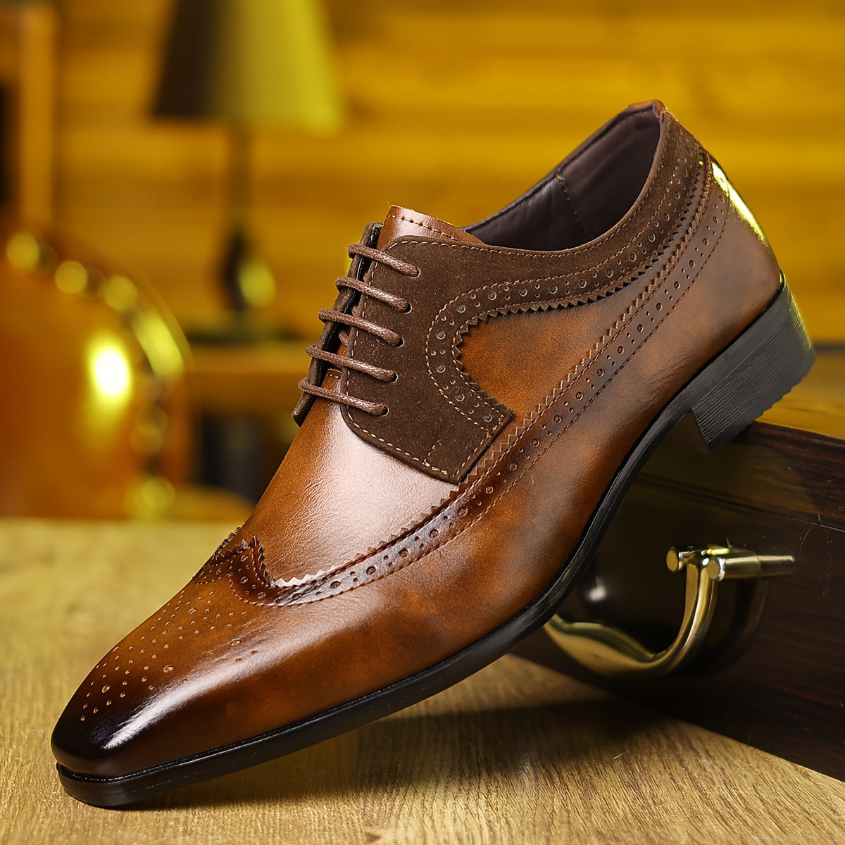 Men's Derby Brogue Lace-Up Shoes with Pointed Toe