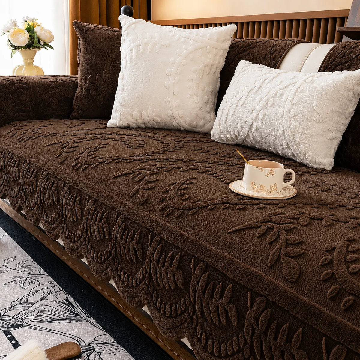 Plush Botanical Texture Couch Cover with Non-Slip Backing