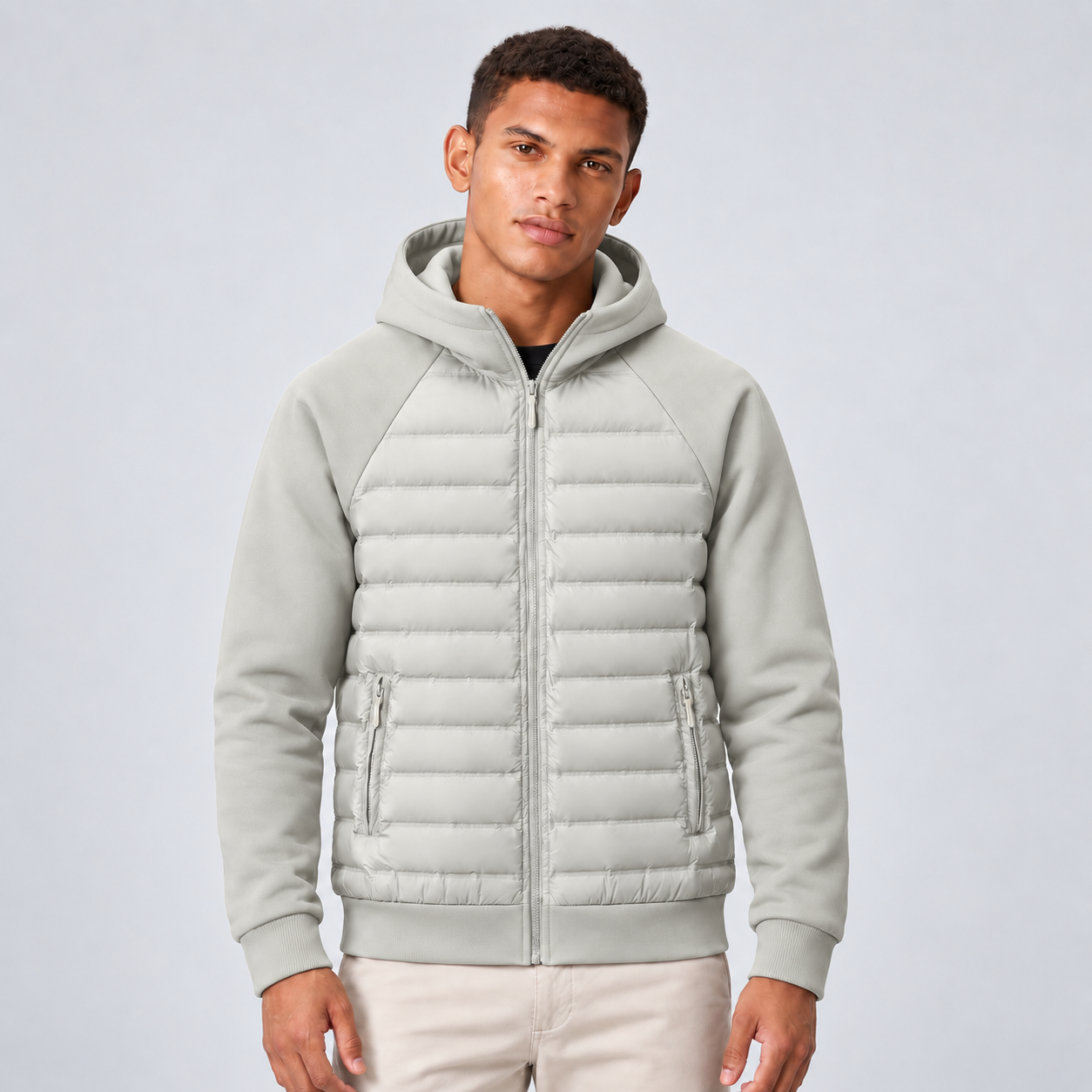 Mens Hooded Bomber Jacket with Sweat Sleeves - Quilted Hybrid Coat