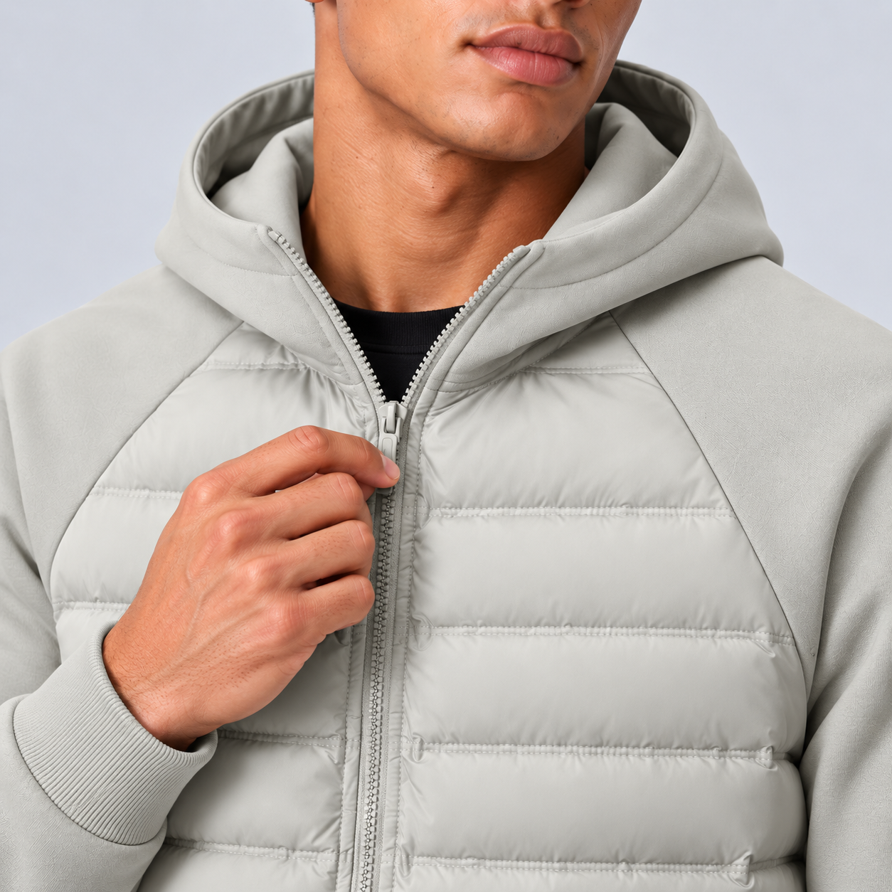 Mens Hooded Bomber Jacket with Sweat Sleeves - Quilted Hybrid Coat