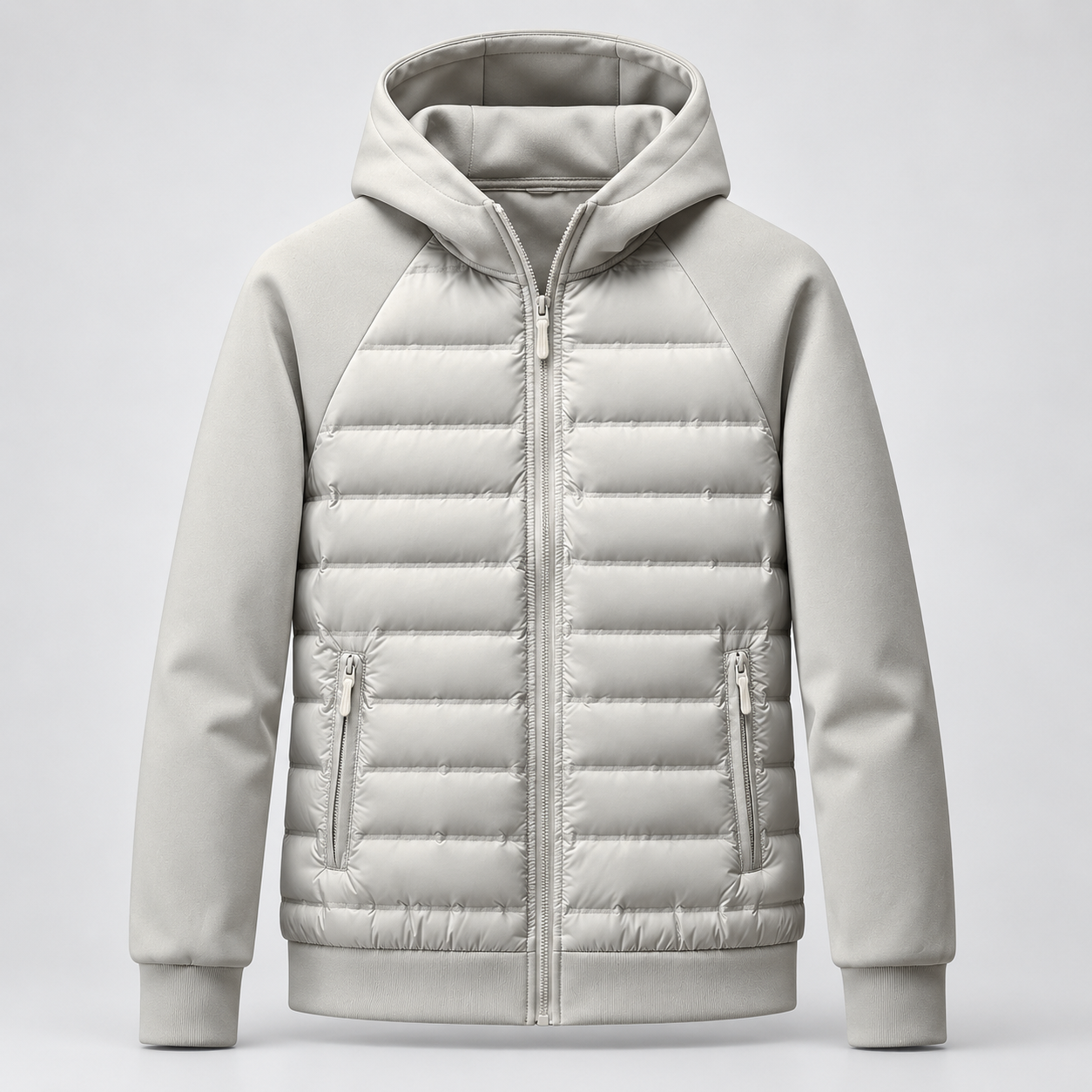 Mens Hooded Bomber Jacket with Sweat Sleeves - Quilted Hybrid Coat