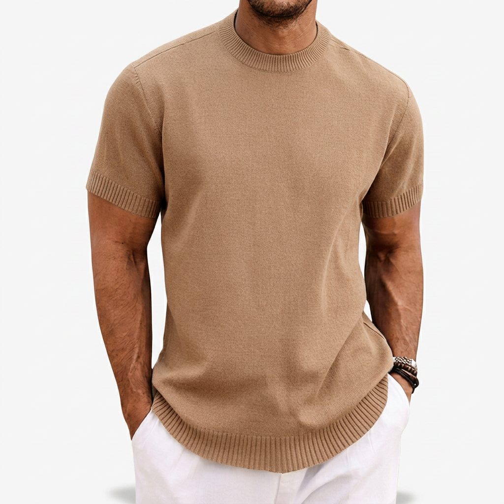 Men's Knitted T-Shirt with Round Neck and Short Sleeves