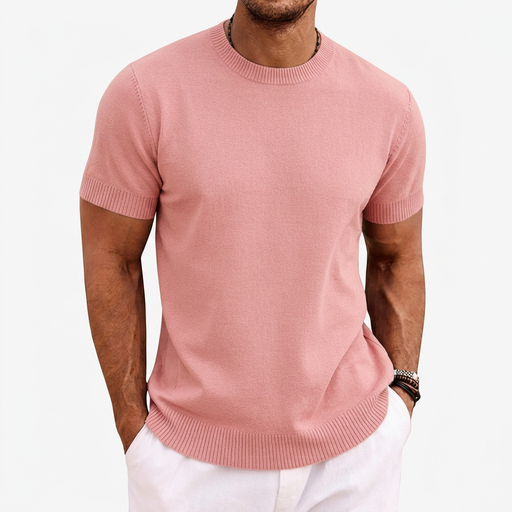 Men's Knitted T-Shirt with Round Neck and Short Sleeves