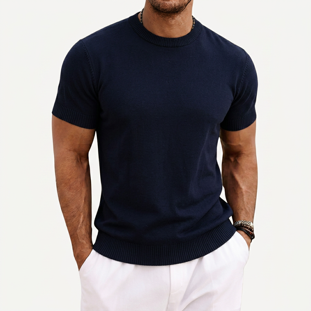 Men's Knitted T-Shirt with Round Neck and Short Sleeves