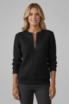 Women's Knit Sweater with Zip-Up Collar - Ribbed Fitted Pullover