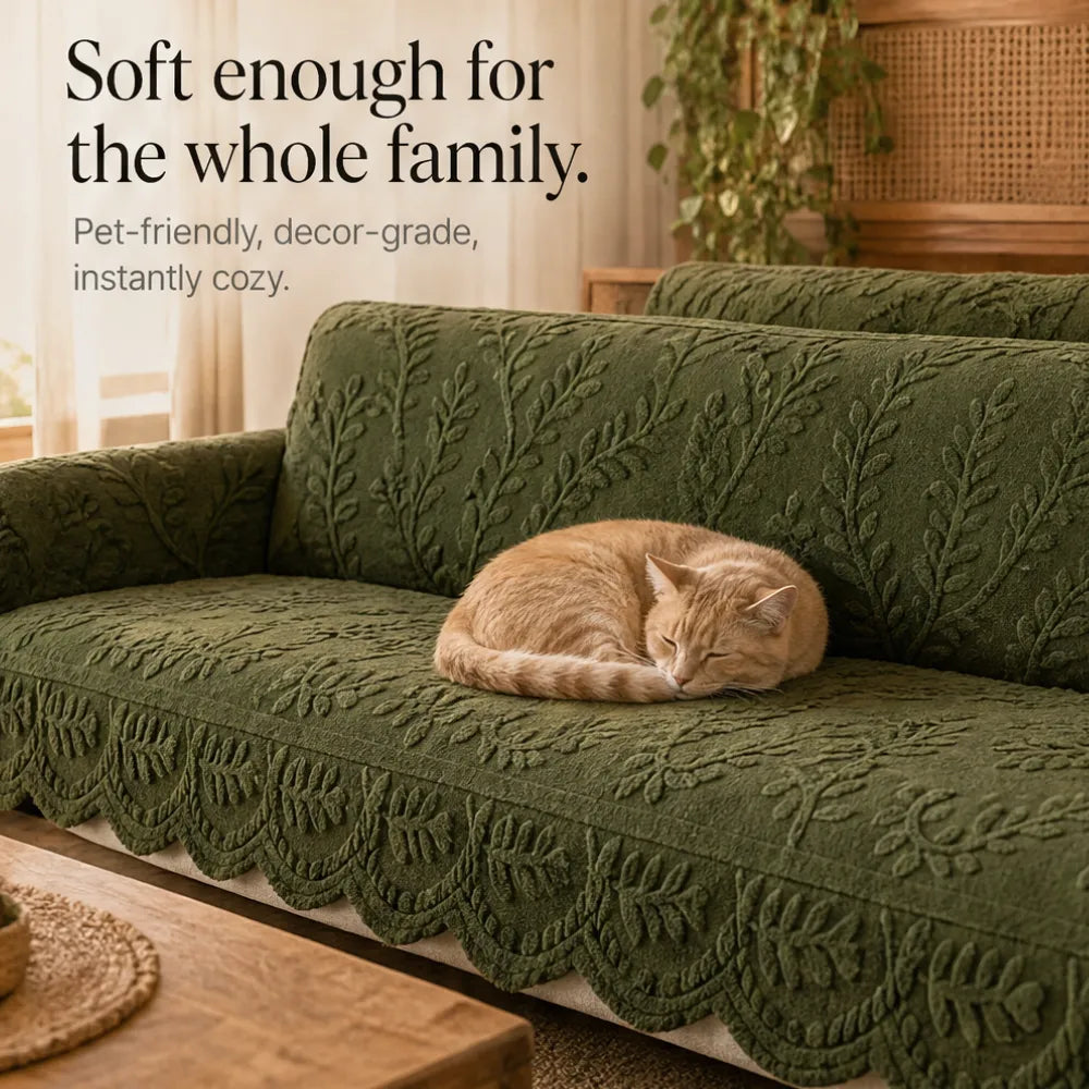 Plush Botanical Texture Couch Cover with Non-Slip Backing