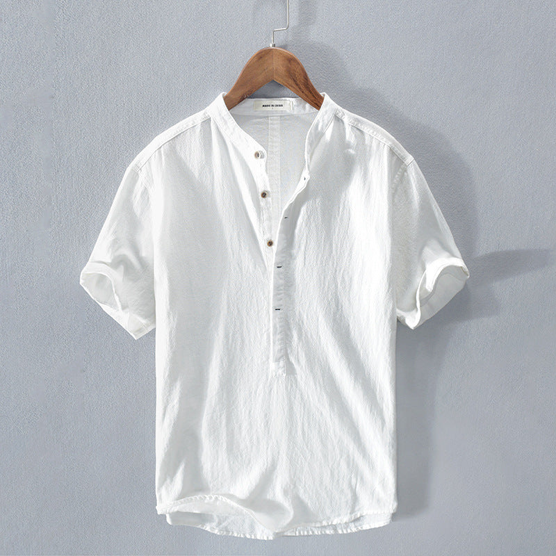 Mens Shirt Short Sleeve with Mandarin Collar and Button Placket