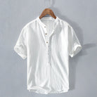Mens Shirt Short Sleeve with Mandarin Collar and Button Placket