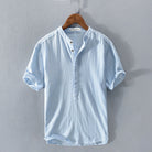 Mens Shirt Short Sleeve with Mandarin Collar and Button Placket