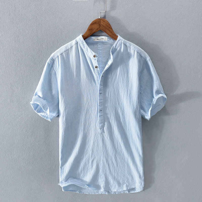 Mens Shirt Short Sleeve with Mandarin Collar and Button Placket