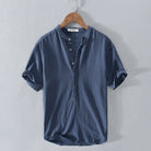 Mens Shirt Short Sleeve with Mandarin Collar and Button Placket