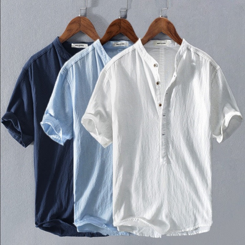 Mens Shirt Short Sleeve with Mandarin Collar and Button Placket