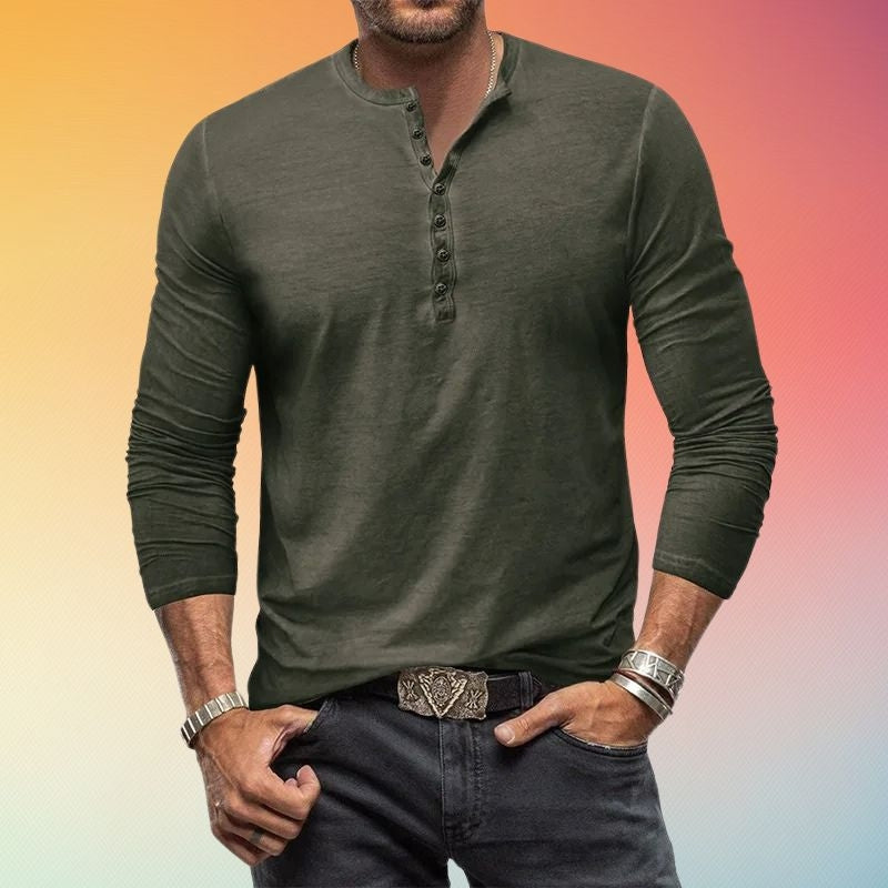Mens Henley Shirt Long Sleeve Slim Fit with Button Placket