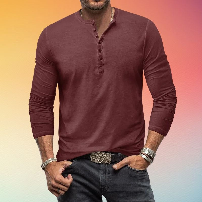 Mens Henley Shirt Long Sleeve Slim Fit with Button Placket