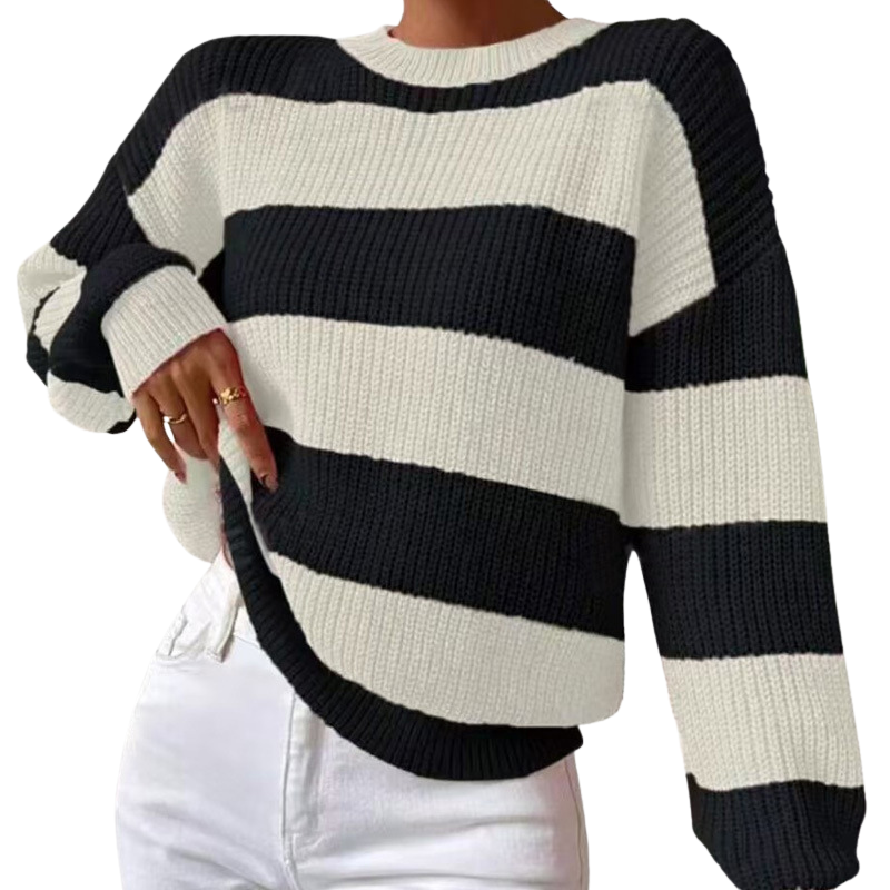 Women's Oversized Striped Sweater – Round Neck Long Sleeve