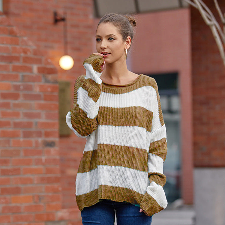 Women's Oversized Striped Sweater – Round Neck Long Sleeve