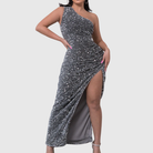 Women's Sequin Evening Dress One-Shoulder Maxi with Thigh Slit
