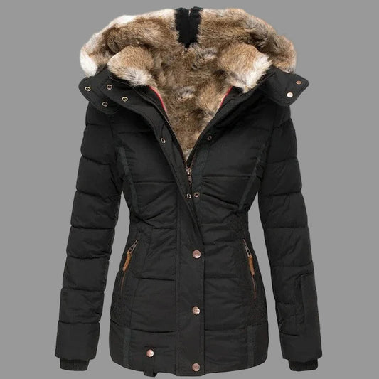 Dames Gewatteerde Lange Winterjas – Zwart met Verwijderbare Bontkap, Warm en Waterafstotend voor Koude Dagen