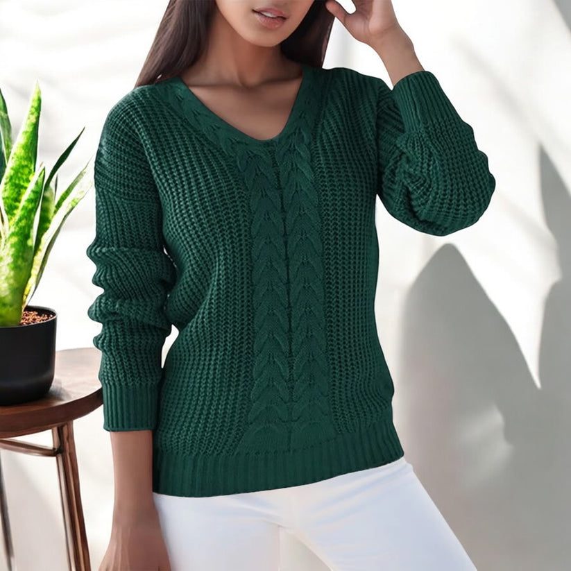 Women's V-Neck Sweater with Cable Knit Texture